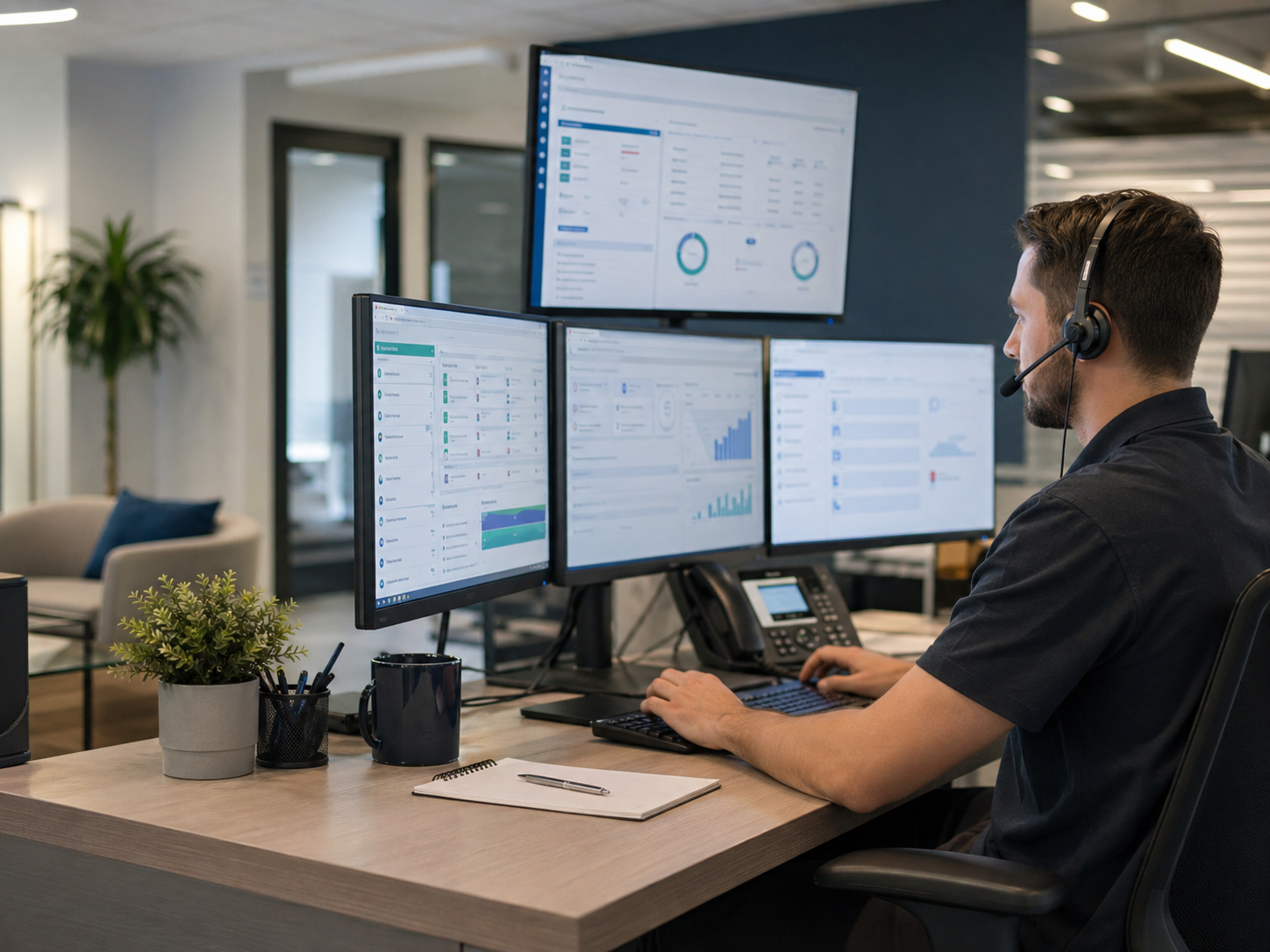 Professional IT support workstation with monitoring dashboards